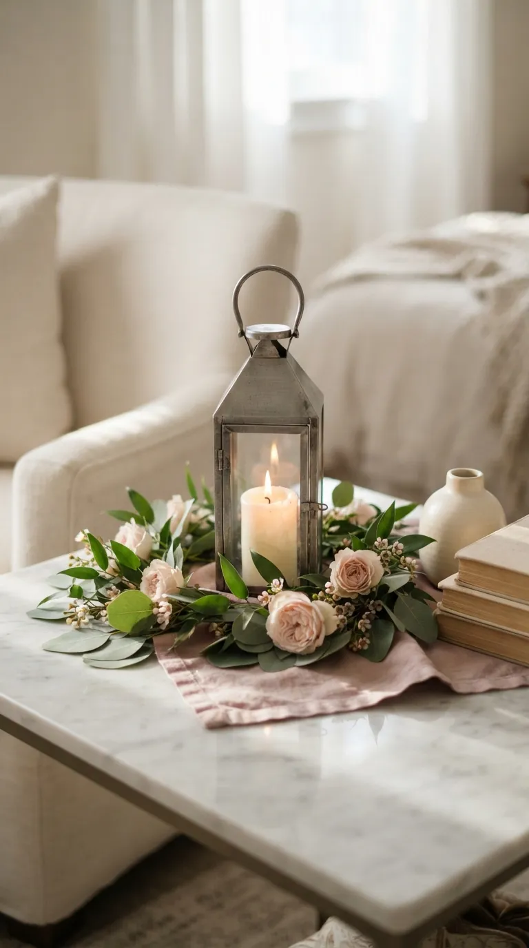 how to decorate a lantern with greenery Combine Greenery with Soft Pink Blooms