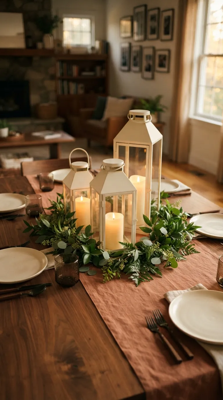 how to decorate a lantern with greenery Layer Greenery Around a Lantern and Candle Trio