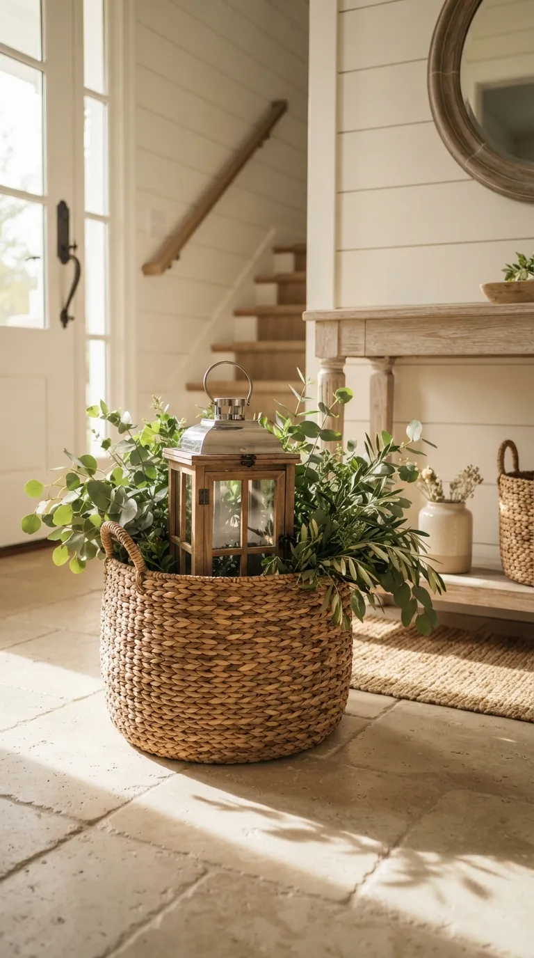 how to decorate a lantern with greenery Tuck Greenery into a Lantern Basket Arrangement