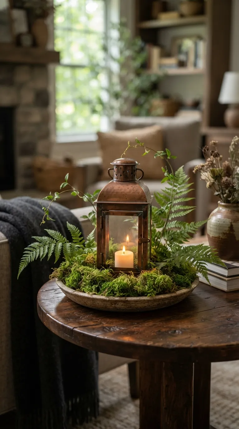 how to decorate a lantern with greenery Use Fern and Moss for a Woodland Display