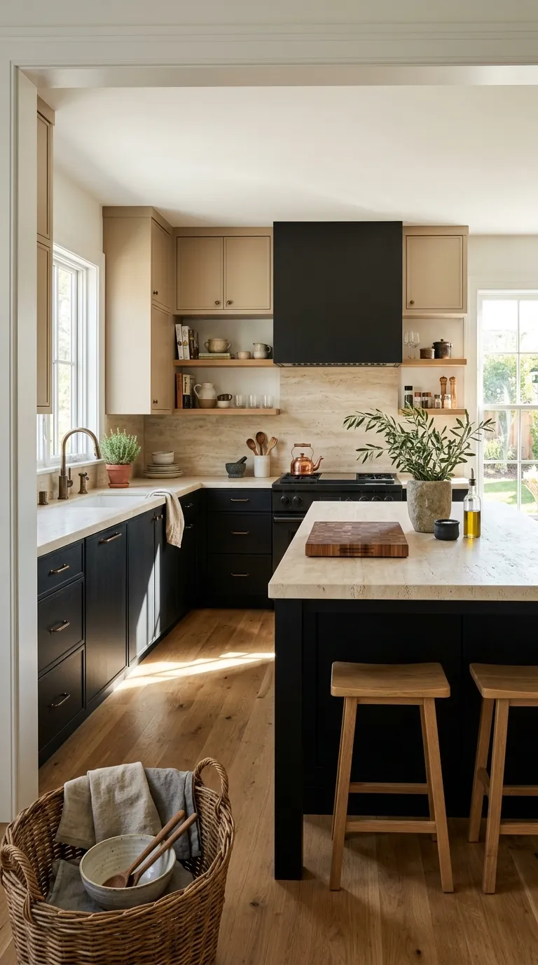 kitchen cabinet color combination ideas Black and Warm Beige
