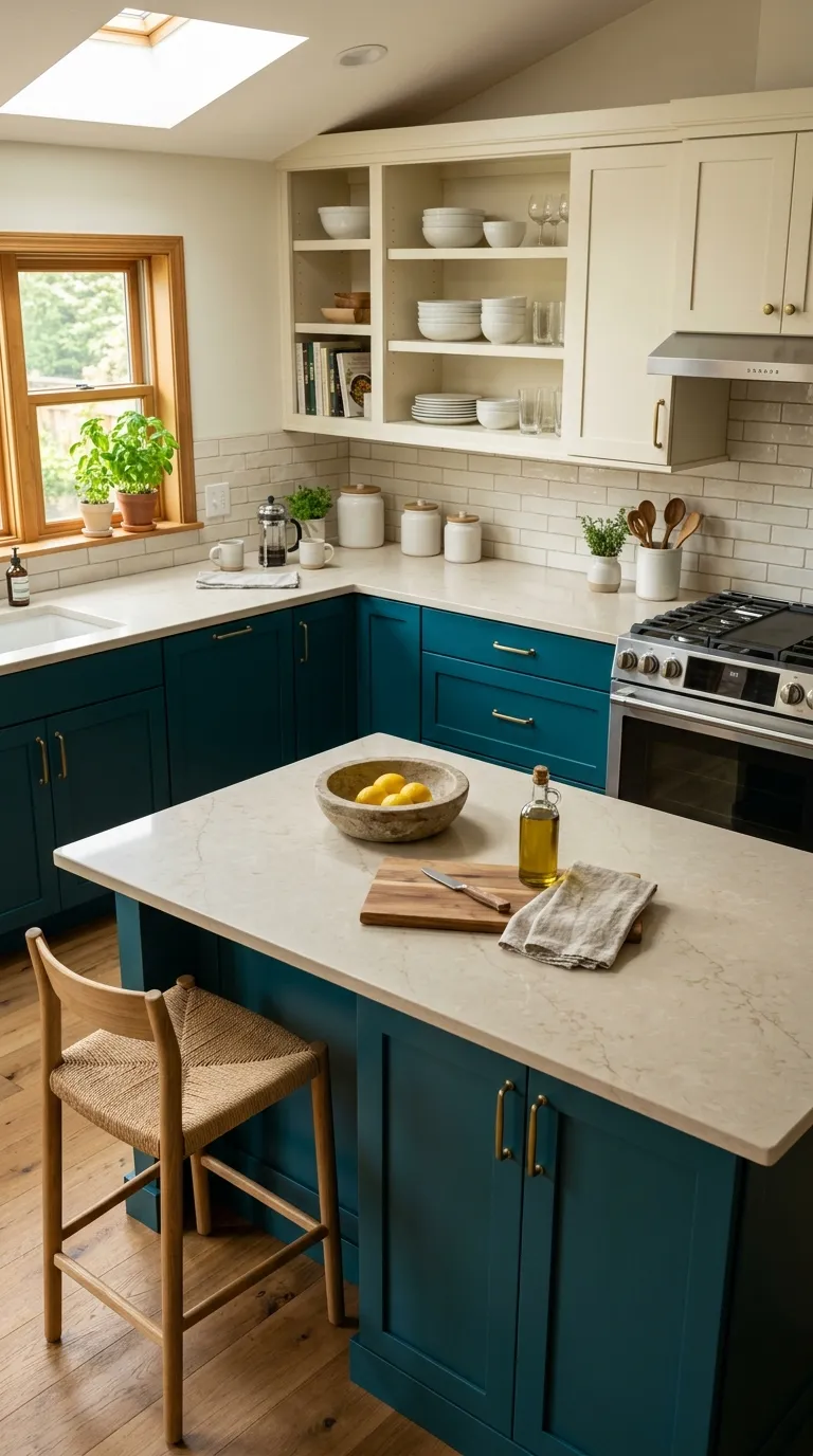 kitchen cabinet color combination ideas Deep Teal and Warm Ivory