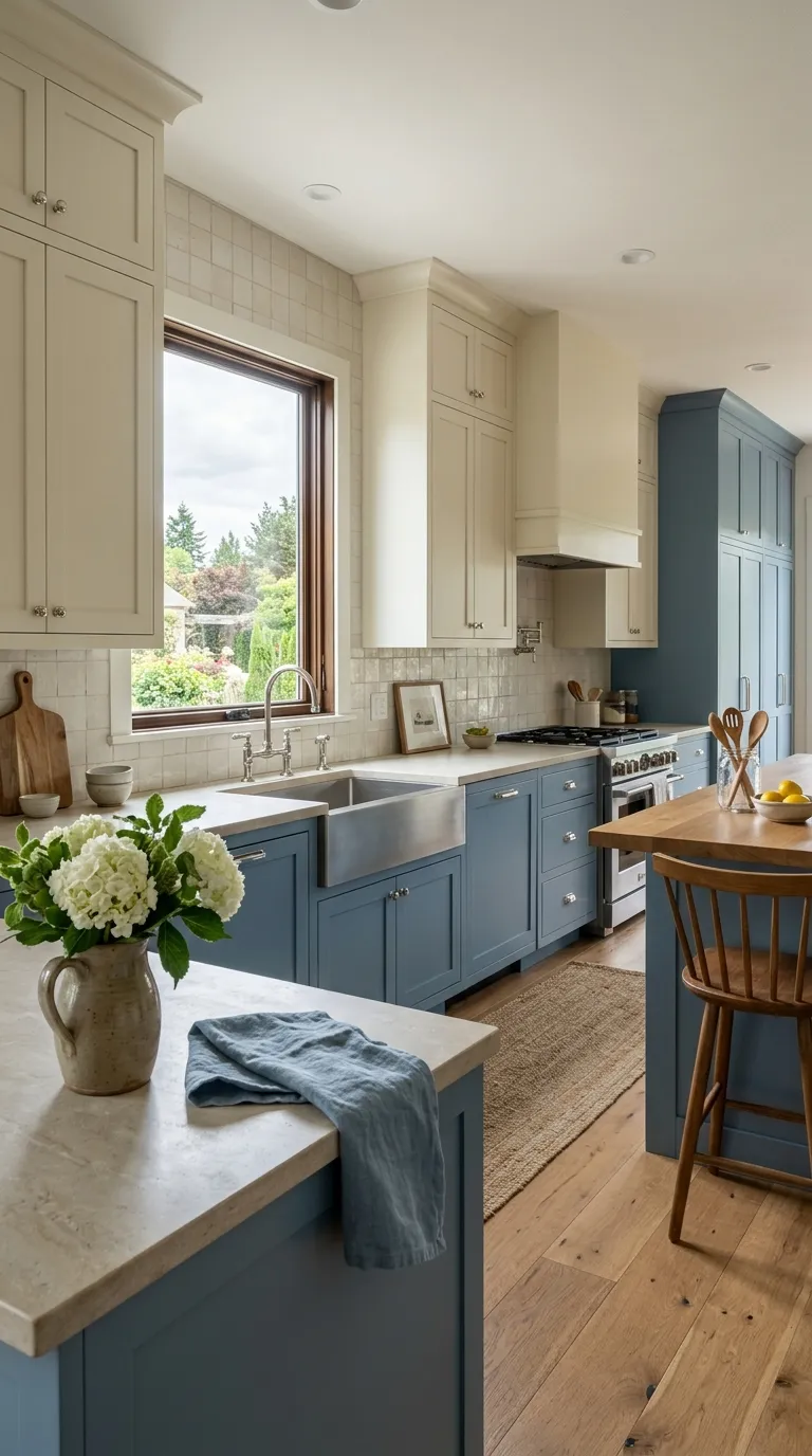 kitchen cabinet color combination ideas Dusty Blue and Cream