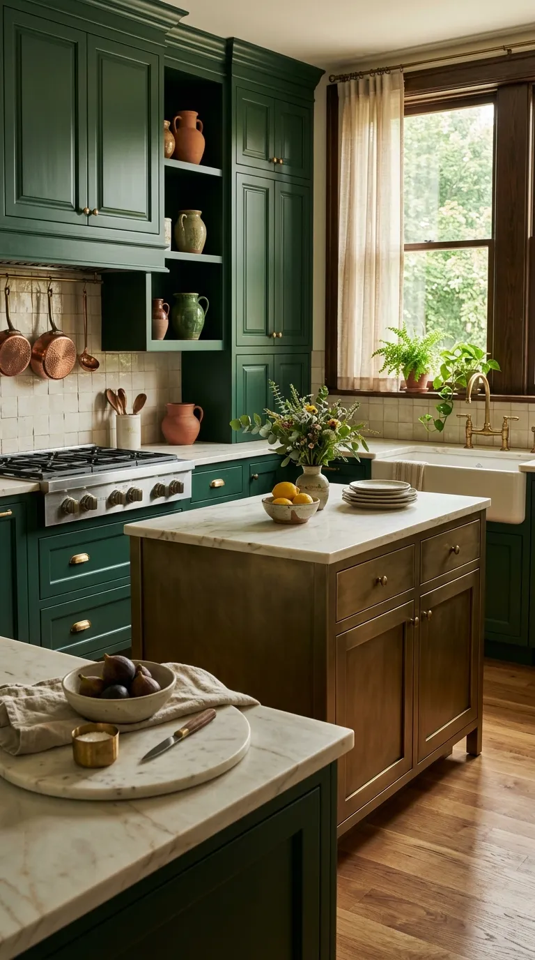 kitchen cabinet color combination ideas Forest Green and Brass