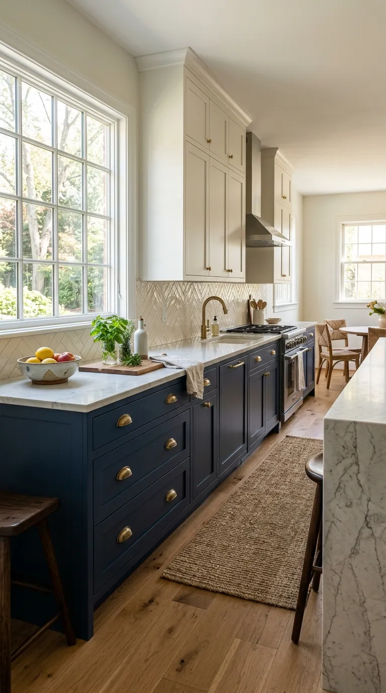 kitchen cabinet color combination ideas Navy Blue and Warm White