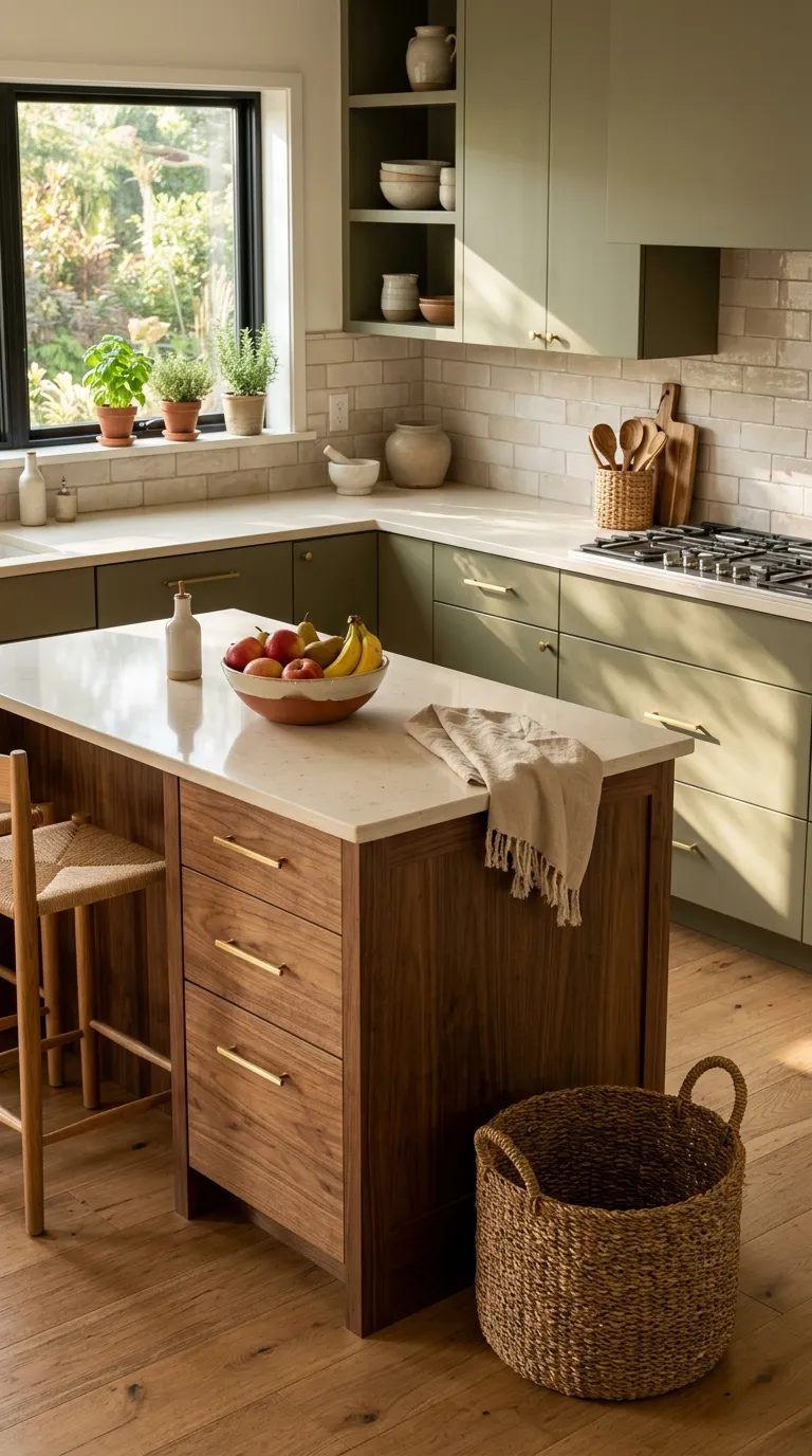 kitchen cabinet color combination ideas Olive Green and Natural Wood