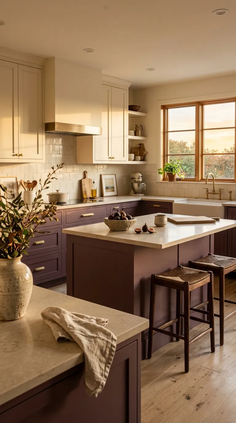 kitchen cabinet color combination ideas Plum and Warm Ivory