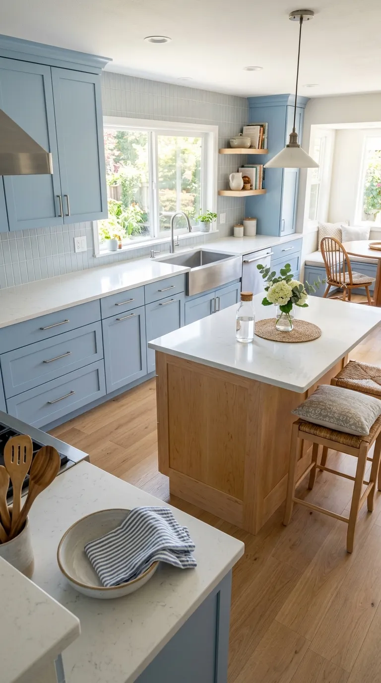 kitchen cabinet color combination ideas Powder Blue and Natural Maple