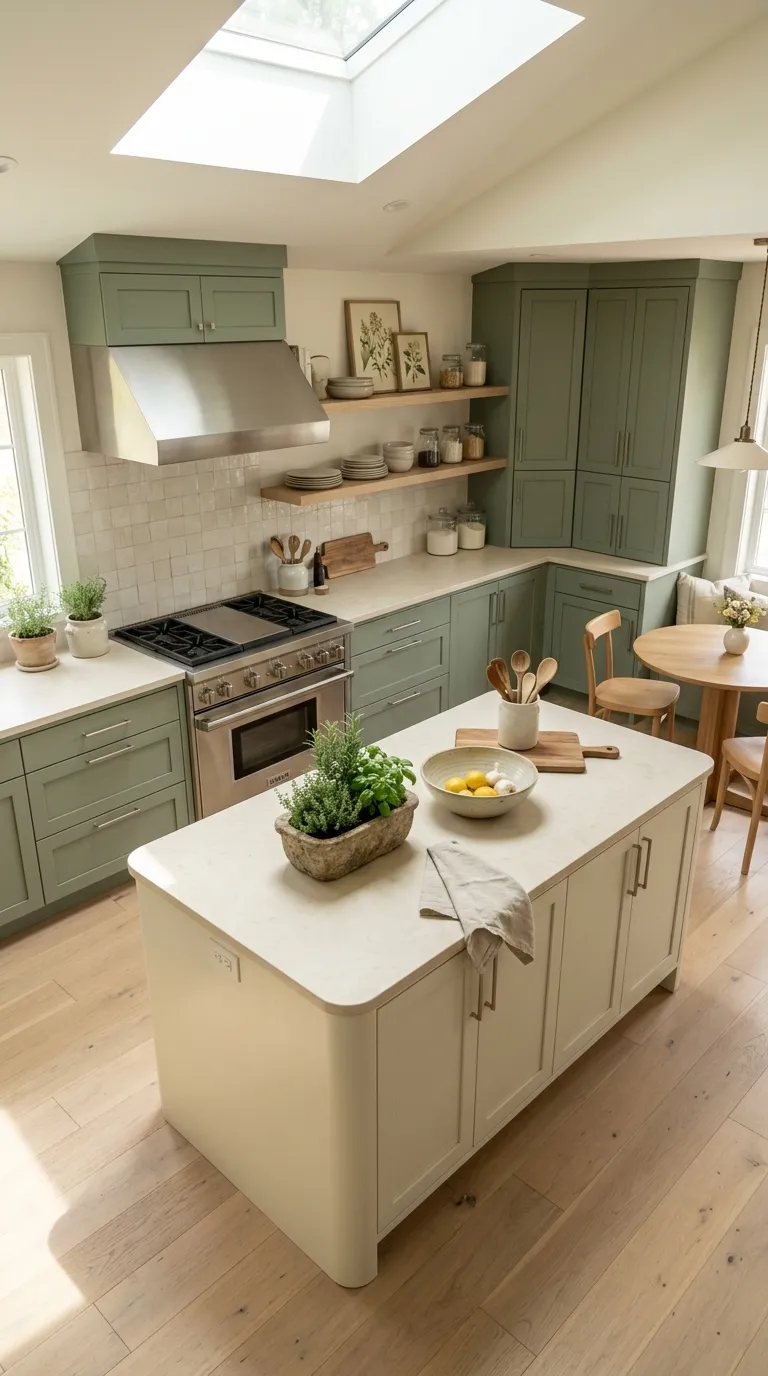kitchen cabinet color combination ideas Sage Green and Cream