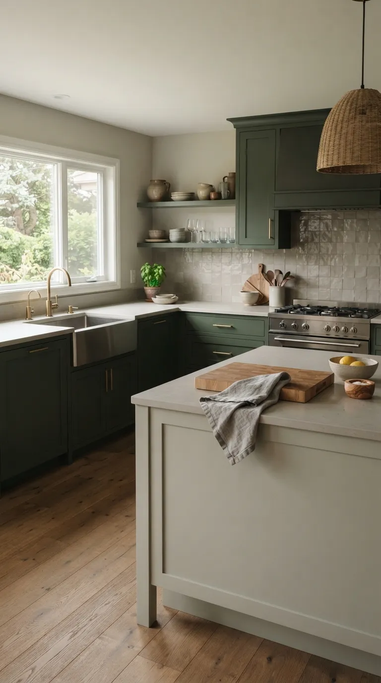 kitchen color combination ideas Forest Green and Soft Gray