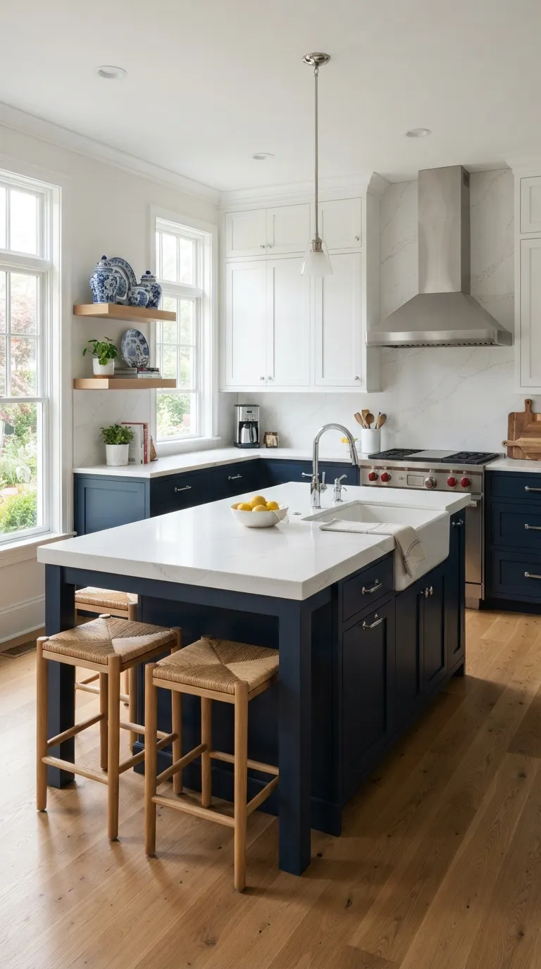 kitchen color combination ideas Navy Blue and Crisp White