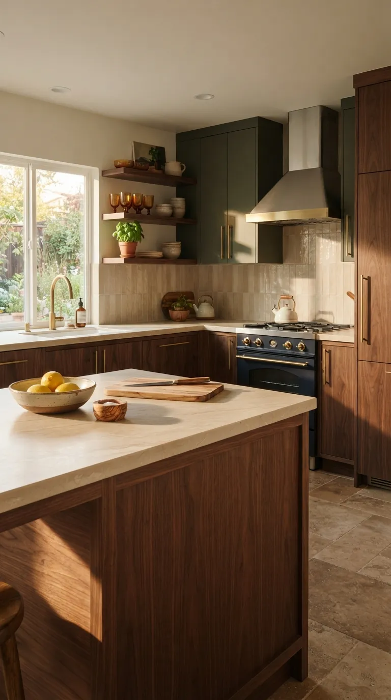 kitchen color combination ideas Olive Green and Walnut