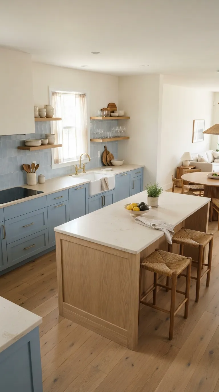 kitchen color combination ideas Soft Blue and Light Wood