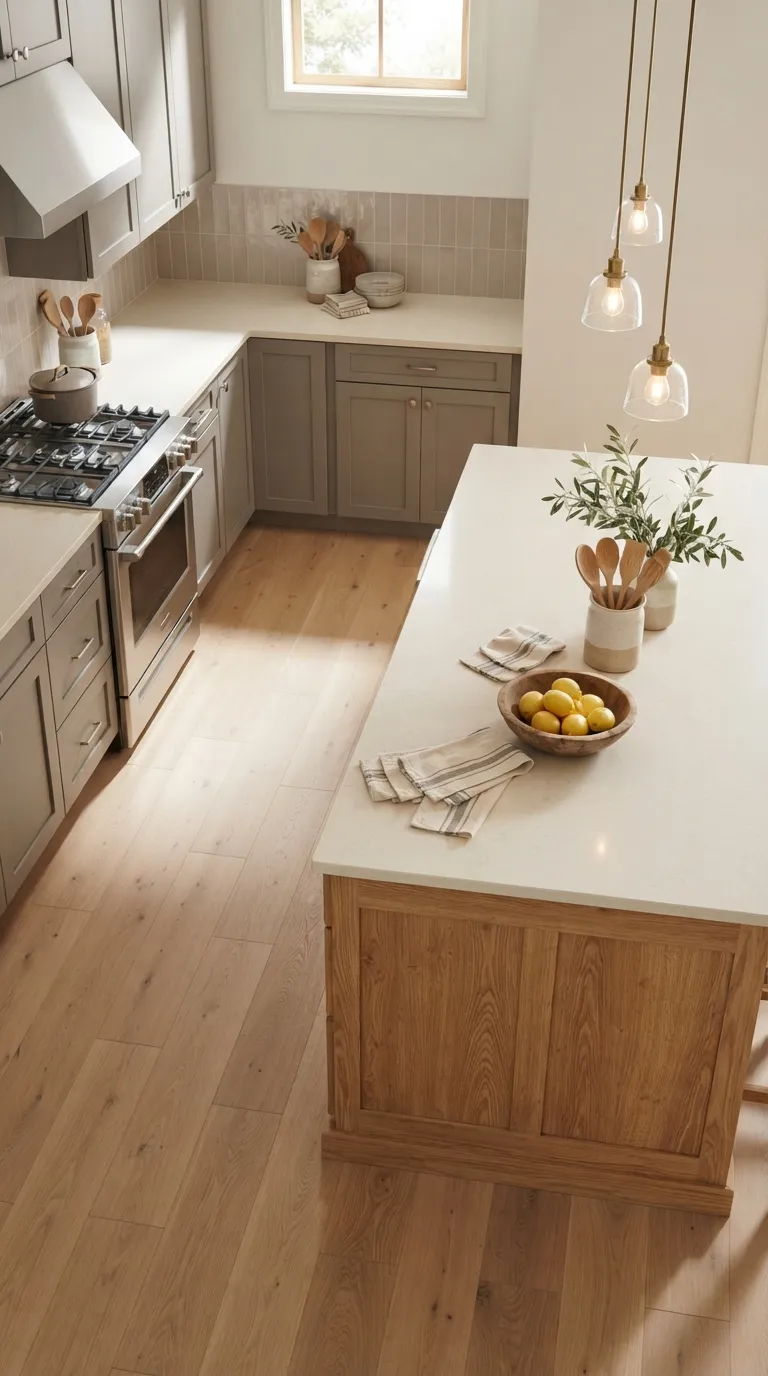 kitchen color combination ideas Warm Gray and Honey Oak