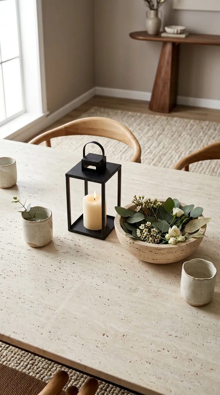 lantern centerpiece ideas for dining table Bring in Natural Stone and Ceramics