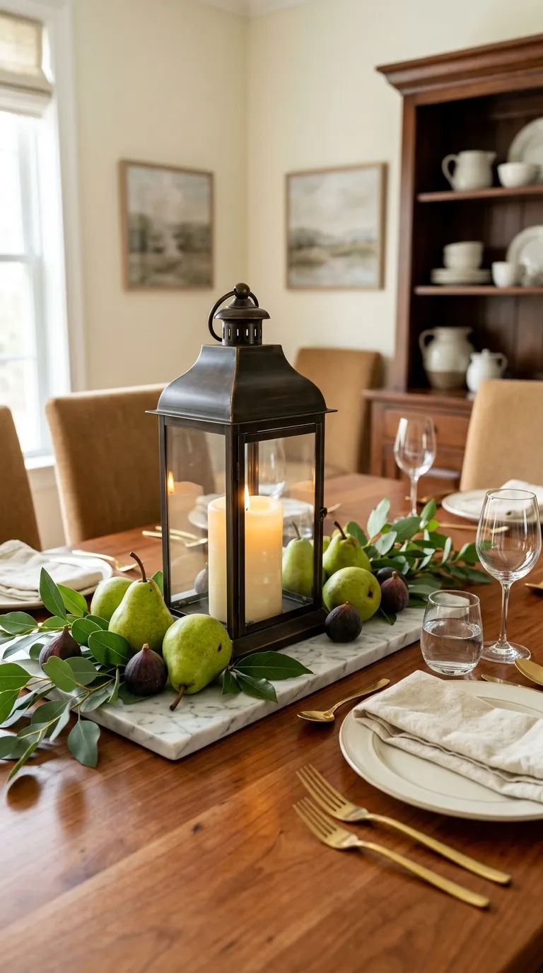 lantern centerpiece ideas for dining table Frame a Lantern With Fruit and Foliage