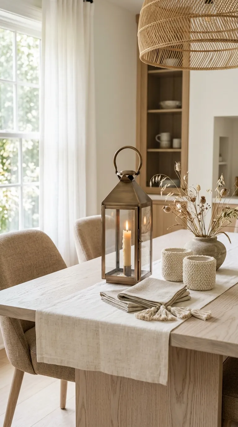 lantern centerpiece ideas for dining table Layer Lanterns With Soft Neutral Textiles