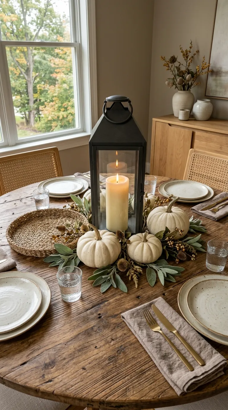 lantern centerpiece ideas for dining table Layer Lanterns With White Pumpkins