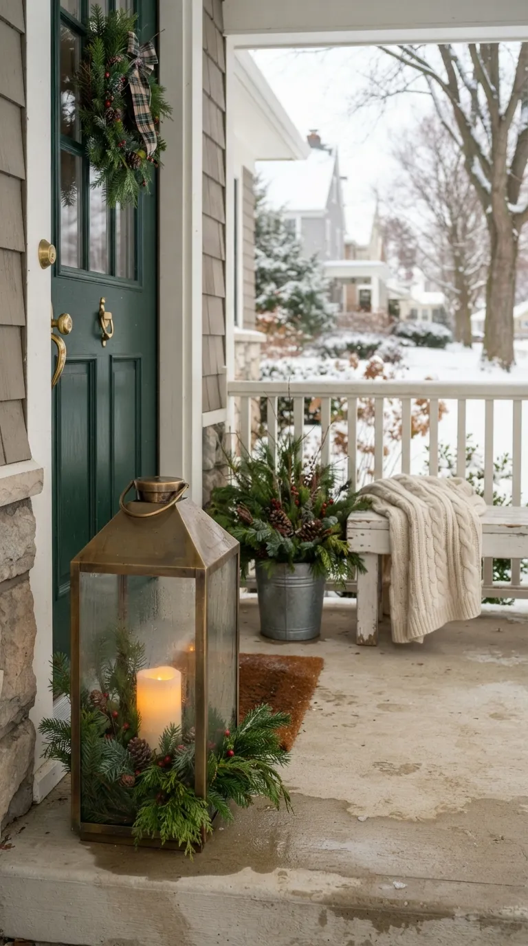 lantern decor ideas for the front porch Add Evergreen Branches for Winter
