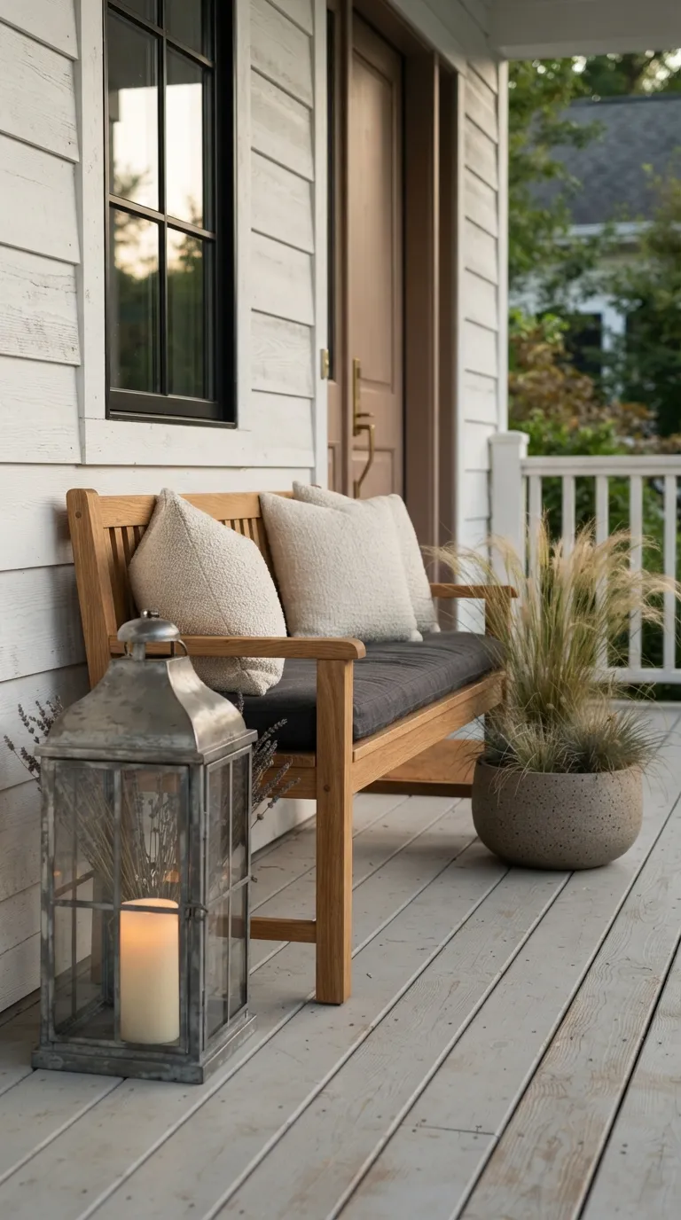 lantern decor ideas for the front porch Add Lanterns Beside a Porch Bench