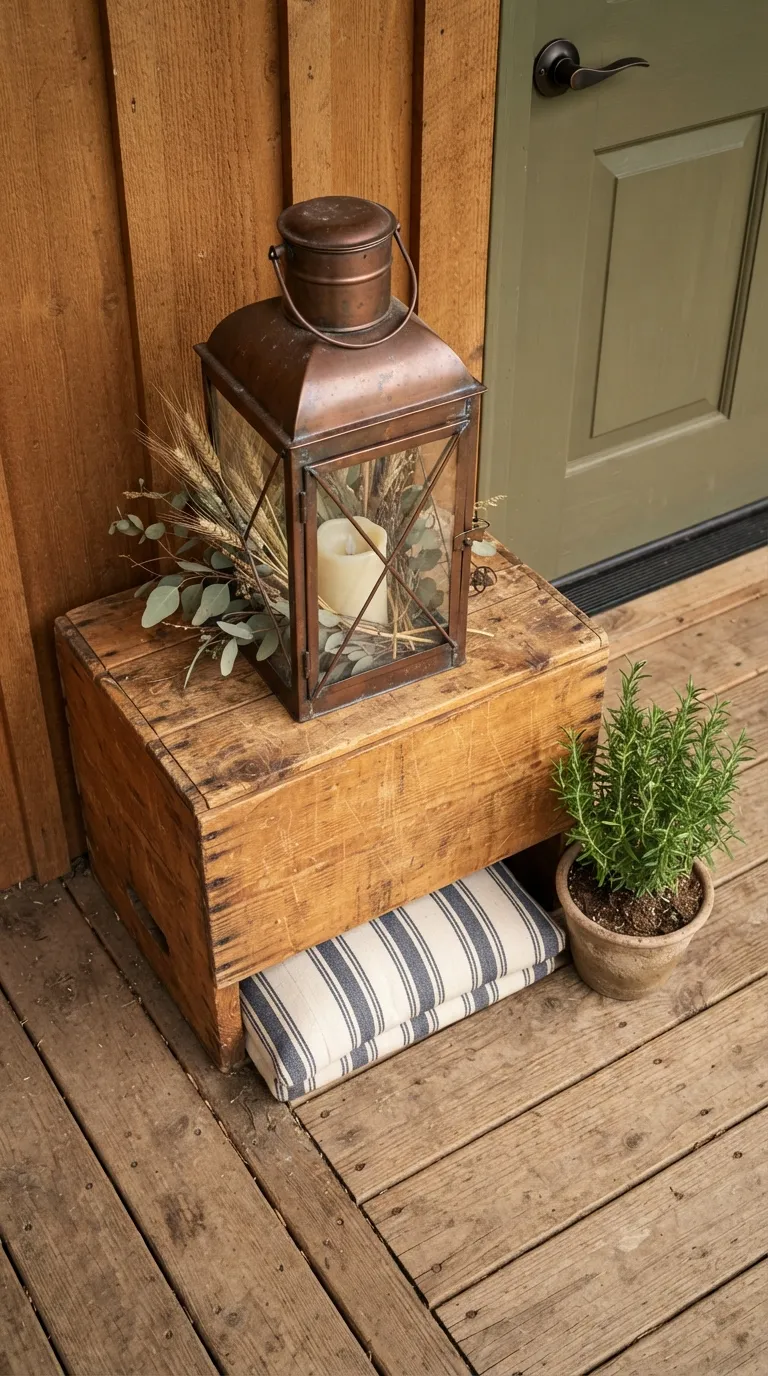 lantern decor ideas for the front porch Place a Lantern on a Wooden Crate