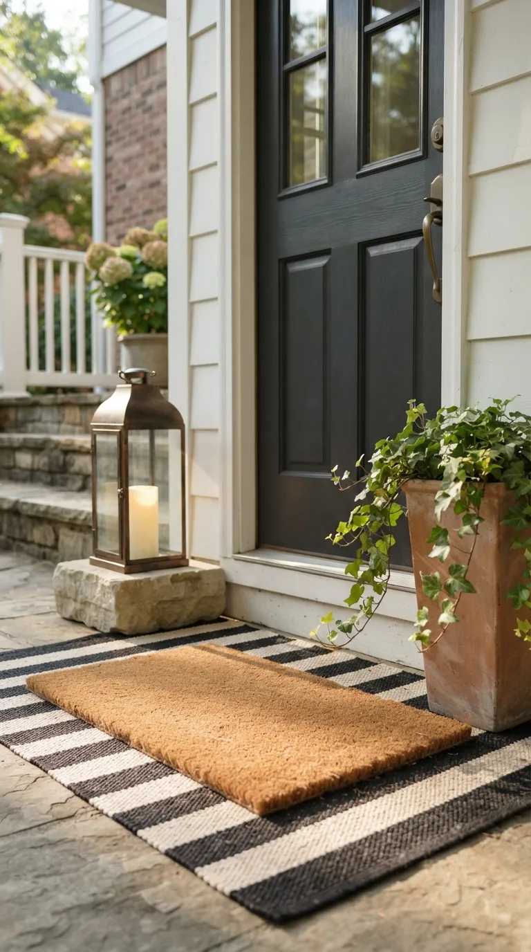lantern decor ideas for the front porch Use Lanterns With a Layered Doormat
