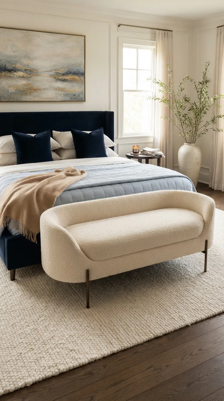 luxury bedroom decor ideas for couples Add a Plush Bench at the Foot