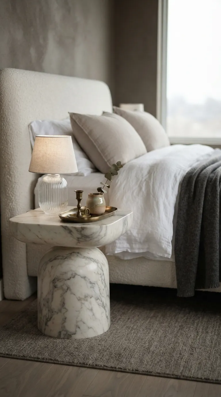 luxury bedroom ideas with a cozy aesthetic Add a Marble Nightstand for Quiet Contrast
