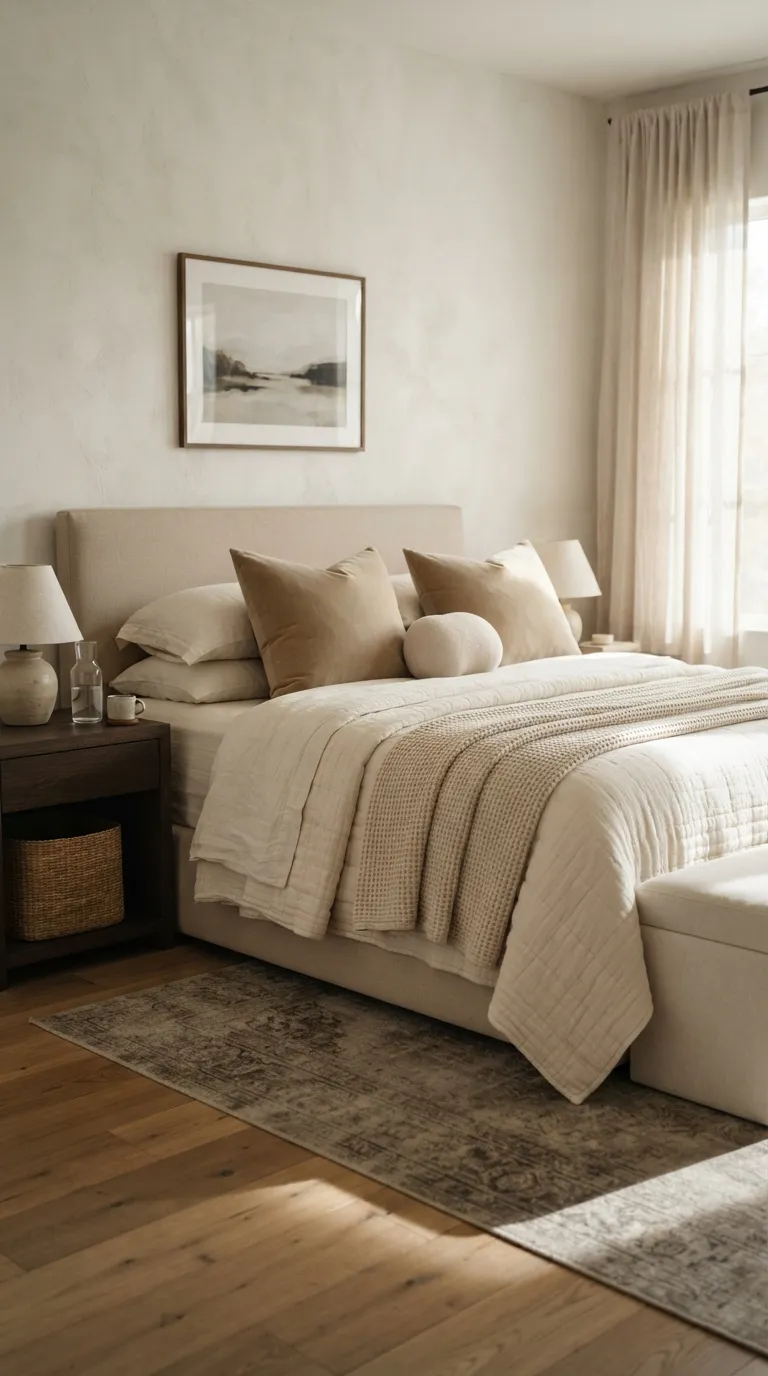 luxury bedroom ideas with a cozy aesthetic Layer Cream Bedding for a Soft Hotel Feel