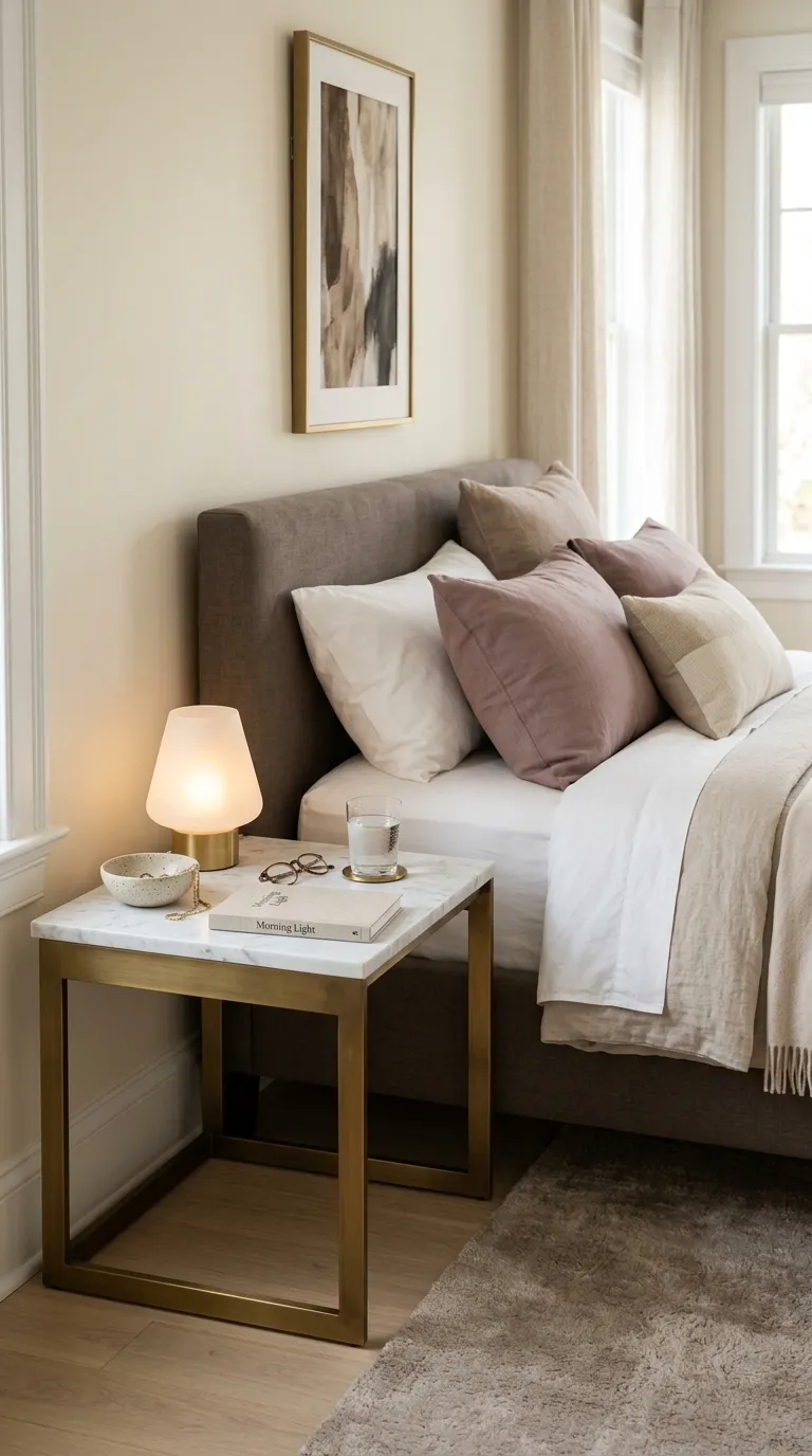 luxury master bedroom decor ideas Add a Marble-Topped Nightstand