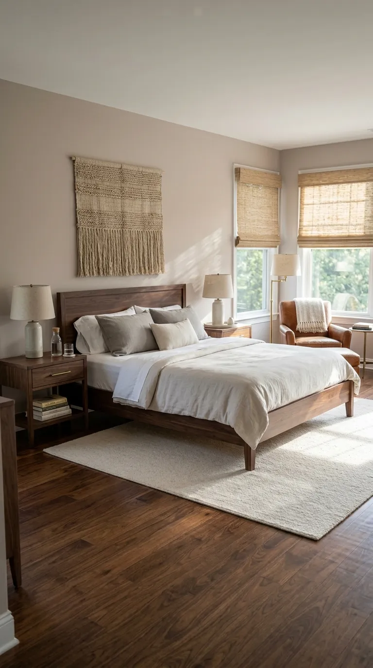 luxury master bedroom decor ideas Mix Dark Wood With Light Bedding