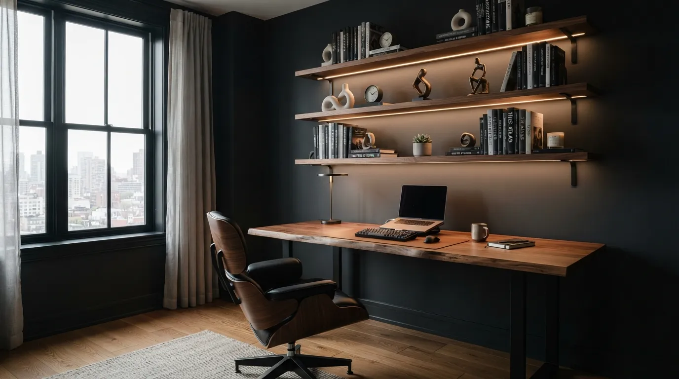 masculine home office ideas Built-In Floating Shelves