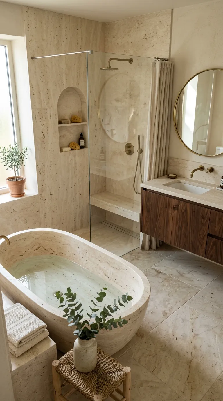 mediterranean homes Creamy Travertine Bathroom