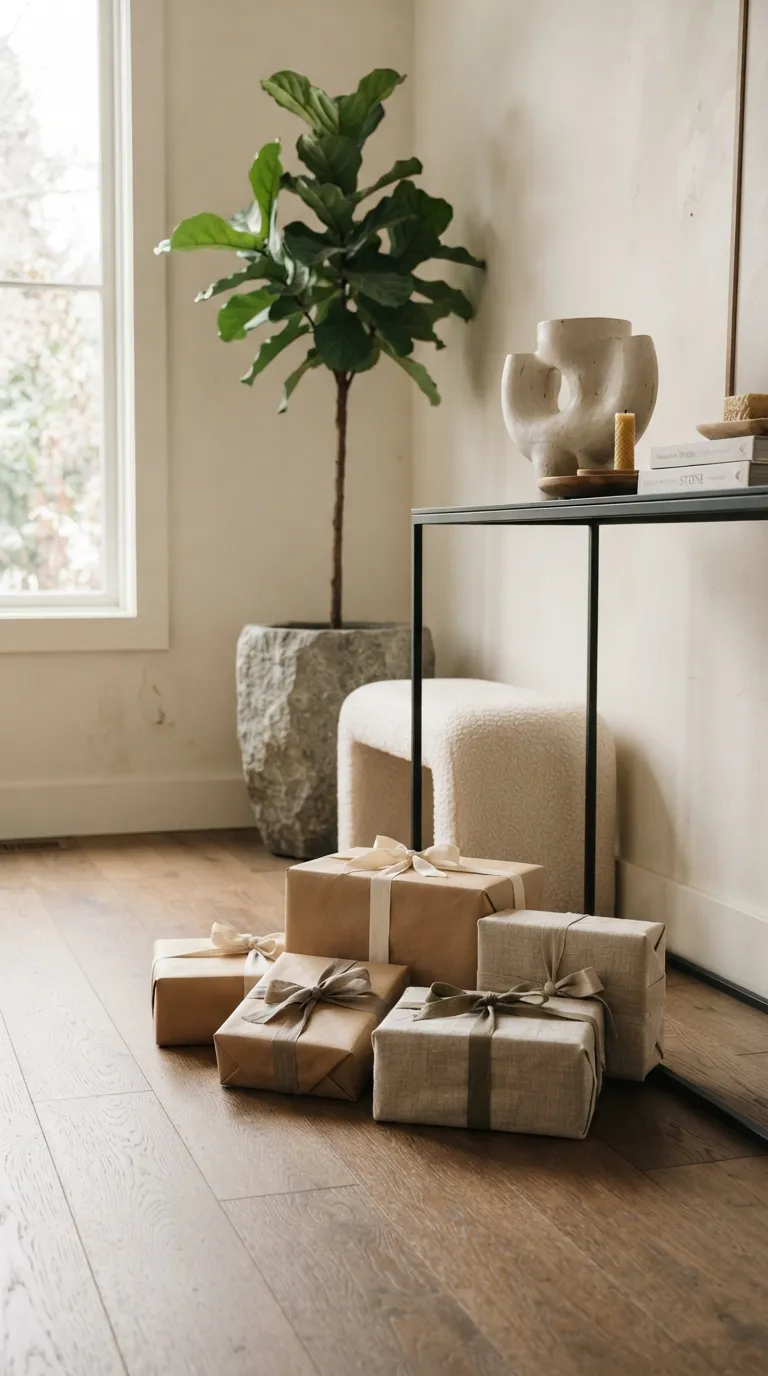 minimalist christmas decor ideas Linen Wrapped Gifts