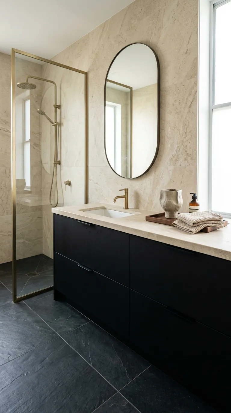 modern bathroom vanity ideas Black Vanity With Light Stone Countertop