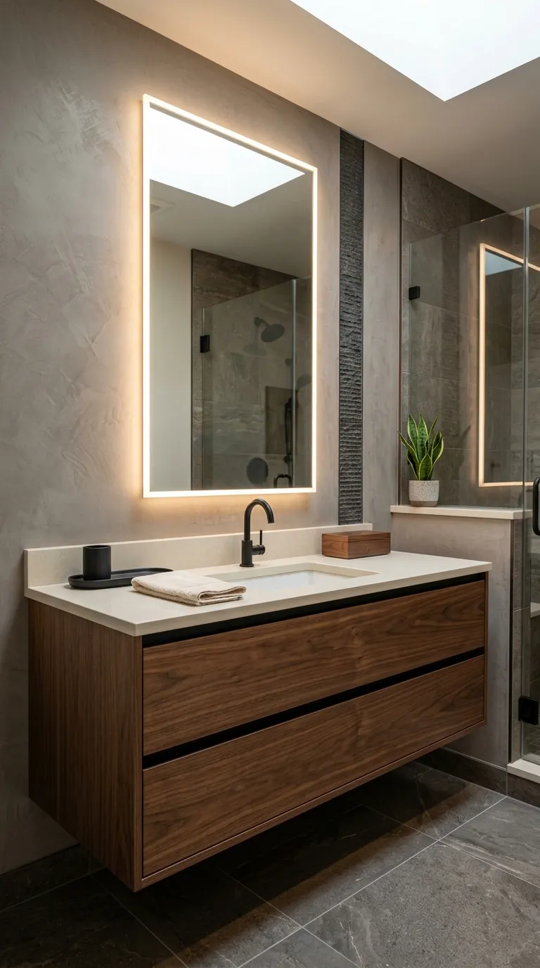 modern bathroom vanity ideas Floating Walnut Vanity With LED Mirror