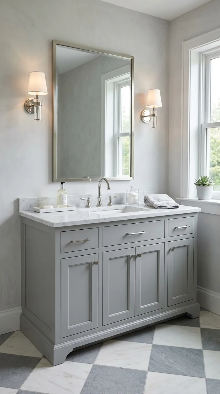 modern bathroom vanity ideas Soft Gray Vanity With Marble Countertop