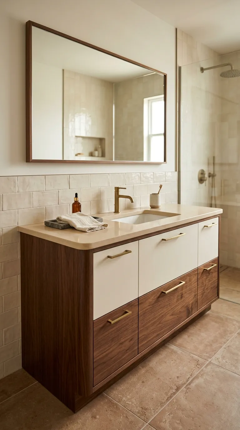 modern bathroom vanity ideas Two-Tone Vanity With Warm Contrast