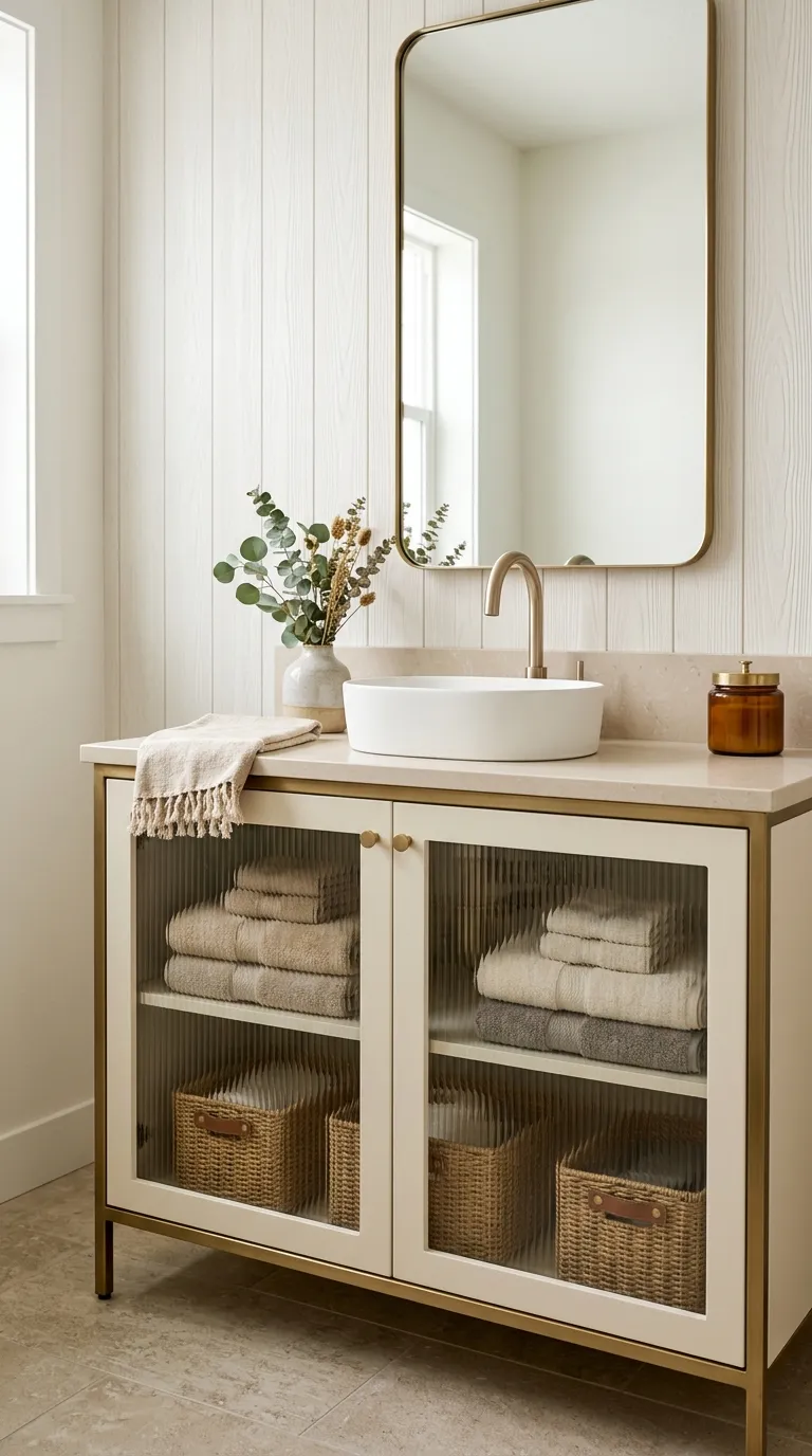 modern bathroom vanity ideas Vanity With Fluted Glass Cabinet Doors
