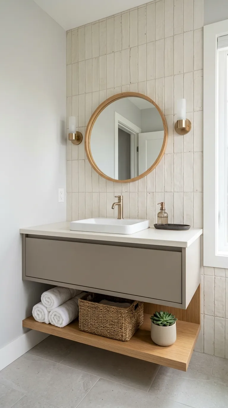 modern bathroom vanity ideas Wall-Mounted Vanity With Open Shelving