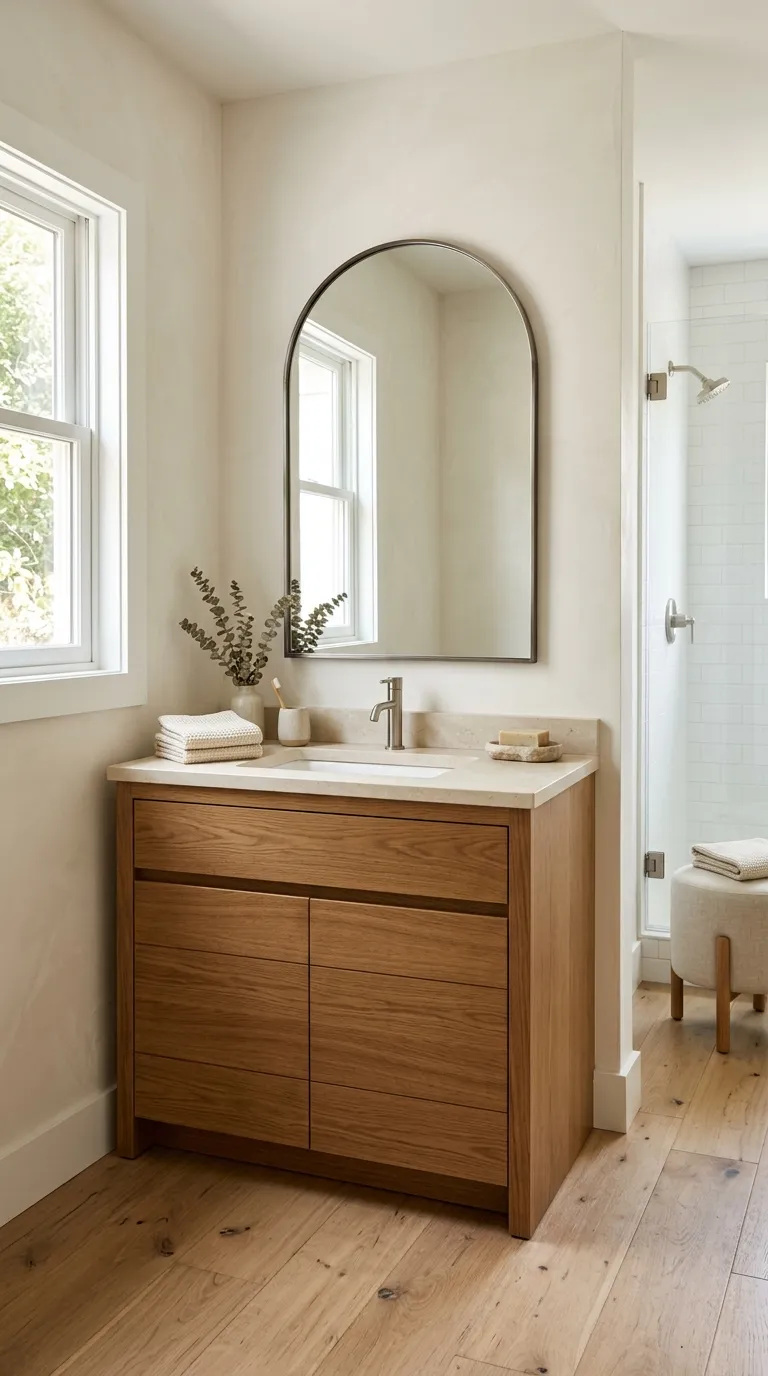 modern bathroom vanity ideas Warm Wood Vanity With Clean Lines