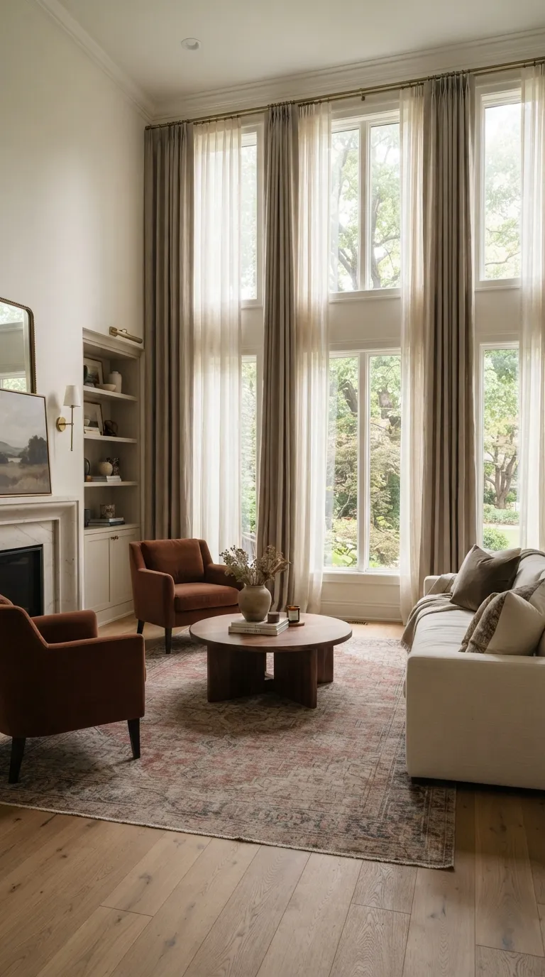 modern classic living room Layered Window Treatments