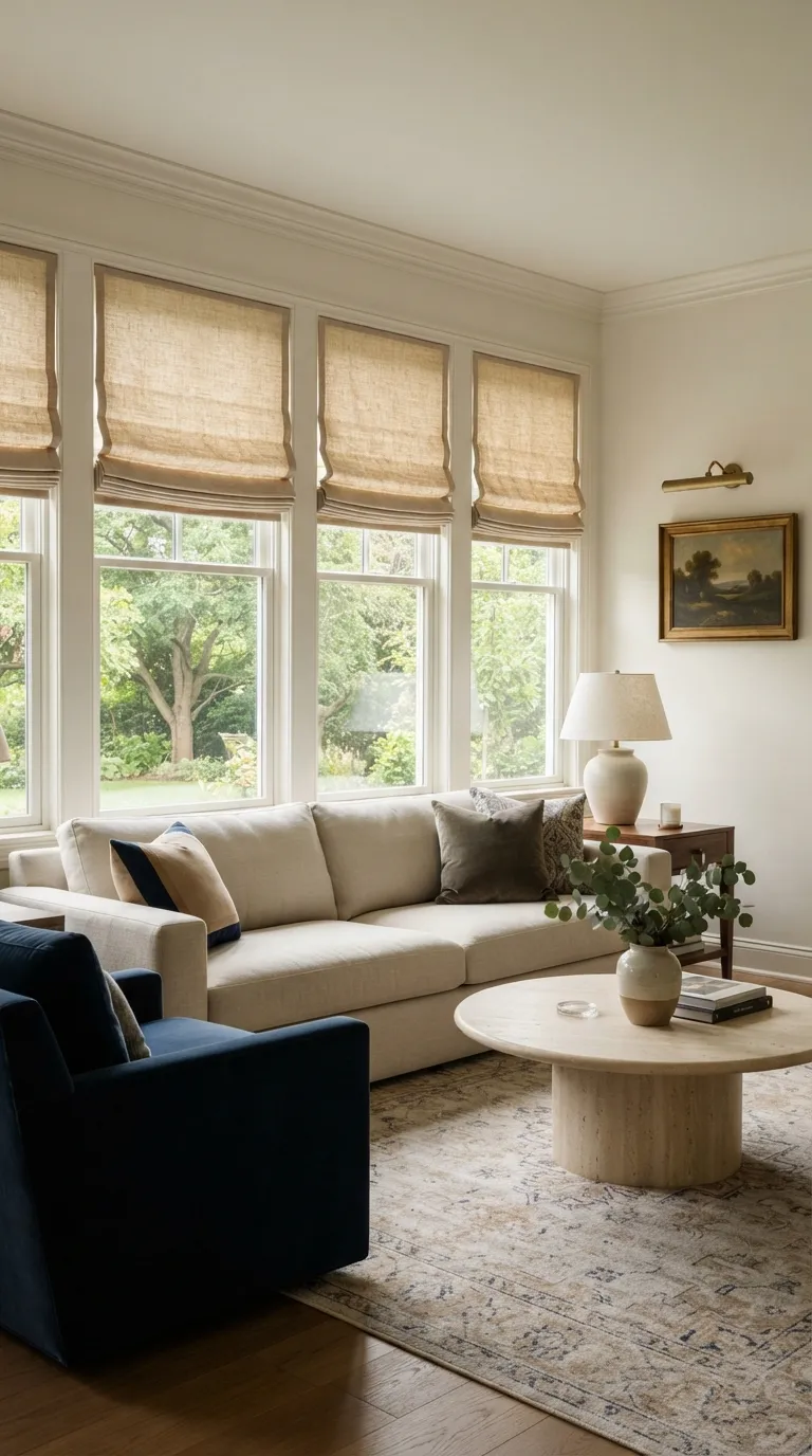 modern classic living room Linen Roman Shades