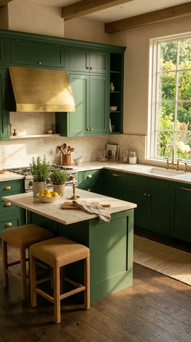 modern kitchen color palette ideas Forest Green and Brass