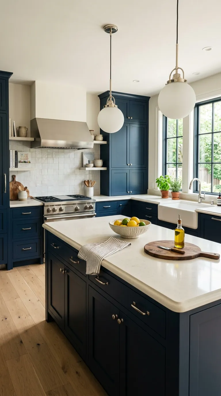 modern kitchen color palette ideas Navy Blue and Warm White