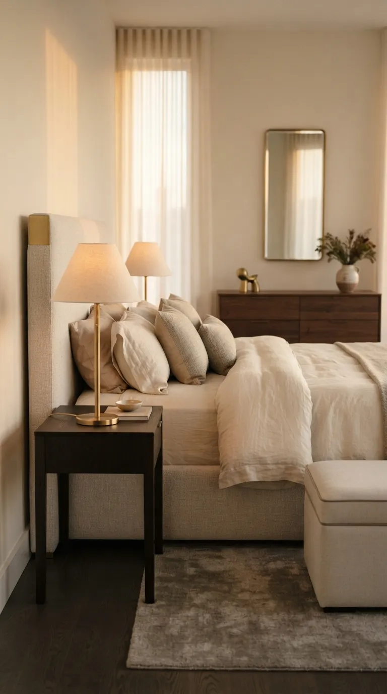 modern luxury bedroom decor ideas Mix Brushed Brass With Soft Neutrals