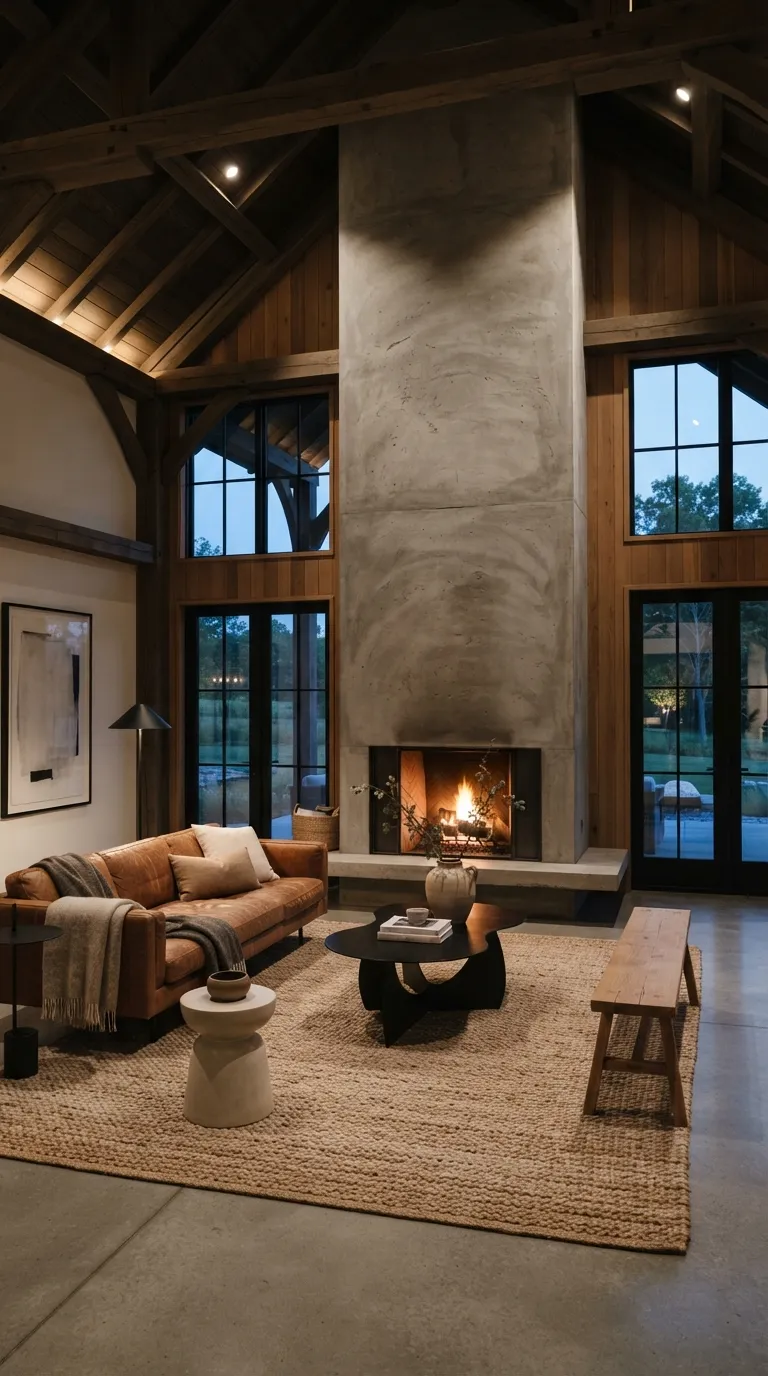modern minimalist barn house Concrete Fireplace