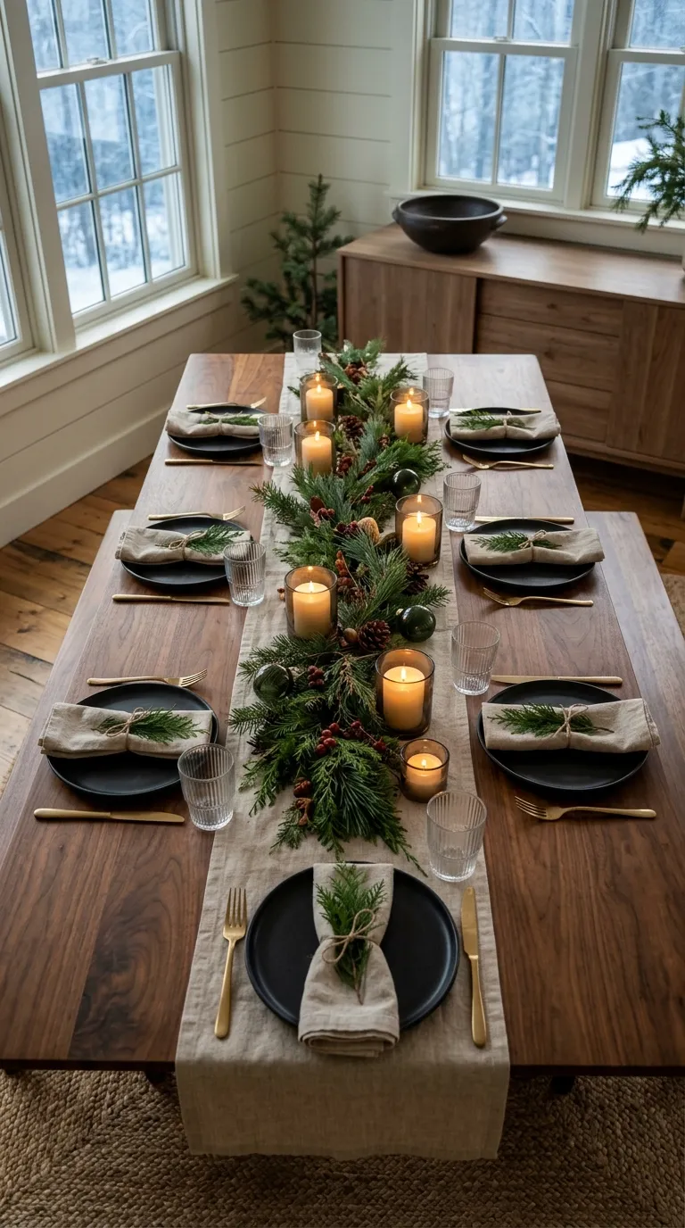 moody christmas decor Candlelit Evergreen Table