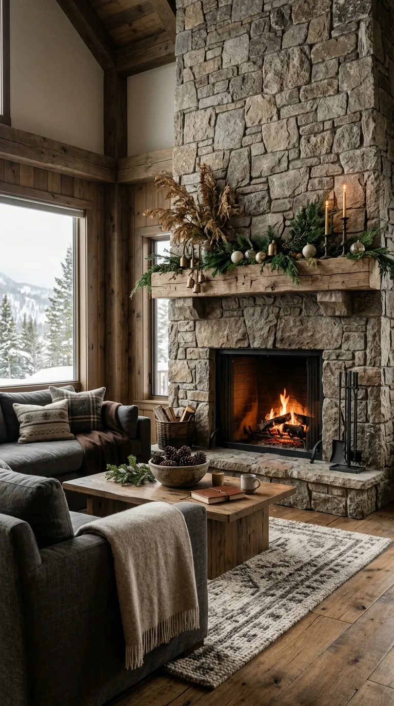 moody christmas decor Rustic Stone Fireplace