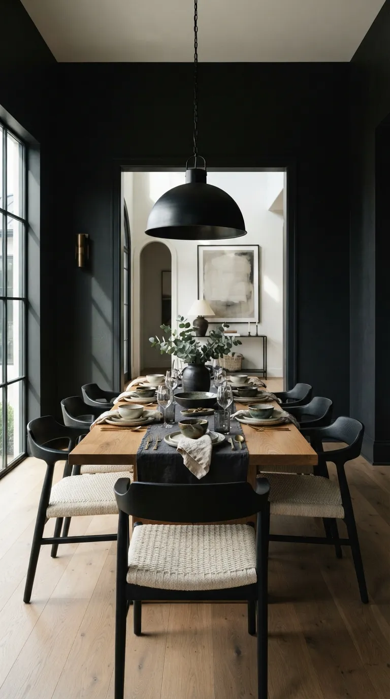 moody home color scheme ideas Black and Warm Oak